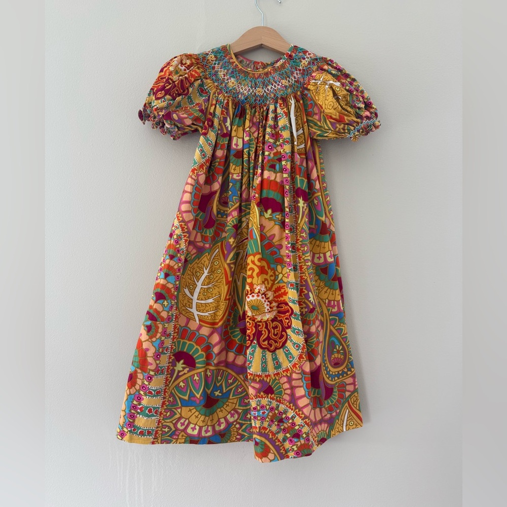 Mom & Me Smocked Bright Fun Girl Summer Dress Size 5 Pink Yellow Maxi Embroidery